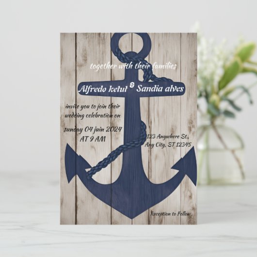 Rustic Wood Navy Blue Anchor Nautical Wedding Kaart (Staand voorkant)