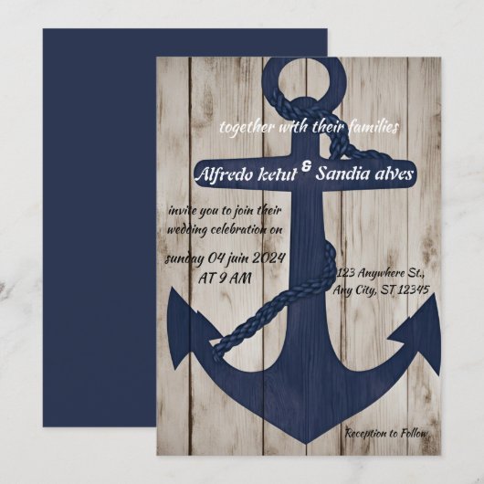 Rustic Wood Navy Blue Anchor Nautical Wedding Kaart (Voorkant / Achterkant)