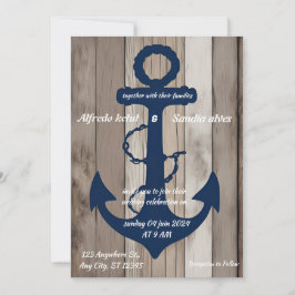 Rustic Wood Navy Blue Anchor Nautical Wedding Kaart