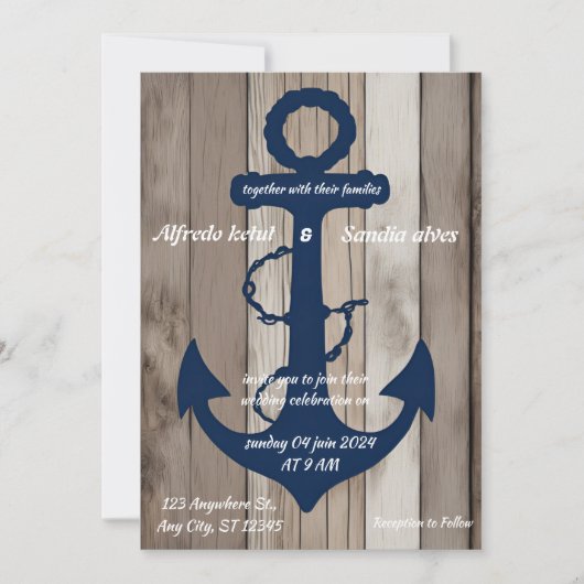 Rustic Wood Navy Blue Anchor Nautical Wedding Kaart (Voorkant)