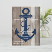 Rustic Wood Navy Blue Anchor Nautical Wedding Kaart (Staand voorkant)