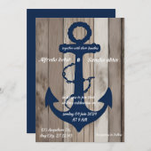 Rustic Wood Navy Blue Anchor Nautical Wedding Kaart (Voorkant / Achterkant)