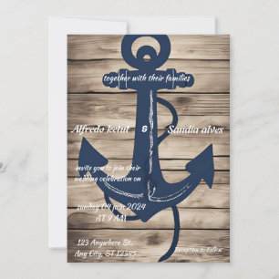 Rustic Wood Navy Blue Anchor Nautical Wedding Kaart