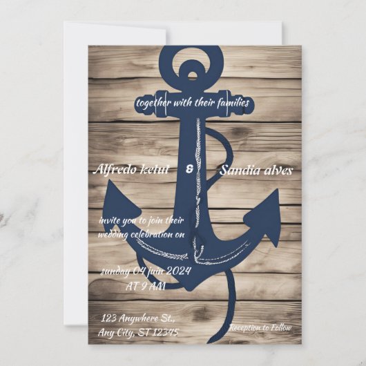 Rustic Wood Navy Blue Anchor Nautical Wedding Kaart (Voorkant)