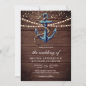Rustic Wood Navy Blue Anchor Nautical Wedding Kaart (Voorkant)
