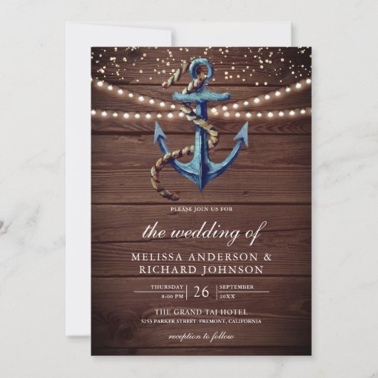 Rustic Wood Navy Blue Anchor Nautical Wedding Kaart (Voorkant)