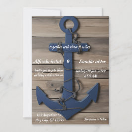 Rustic Wood Navy Blue Anchor Nautical Wedding Kaart