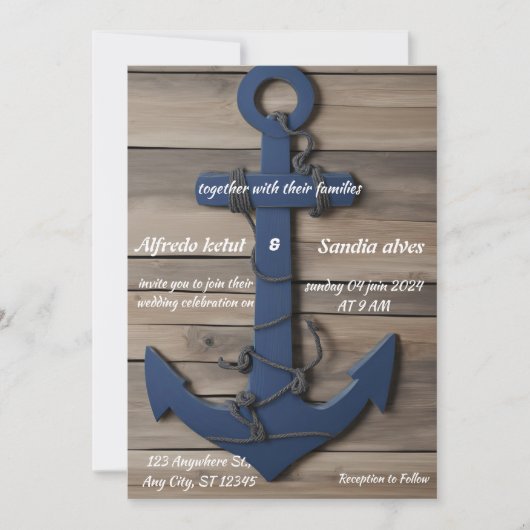 Rustic Wood Navy Blue Anchor Nautical Wedding Kaart (Voorkant)