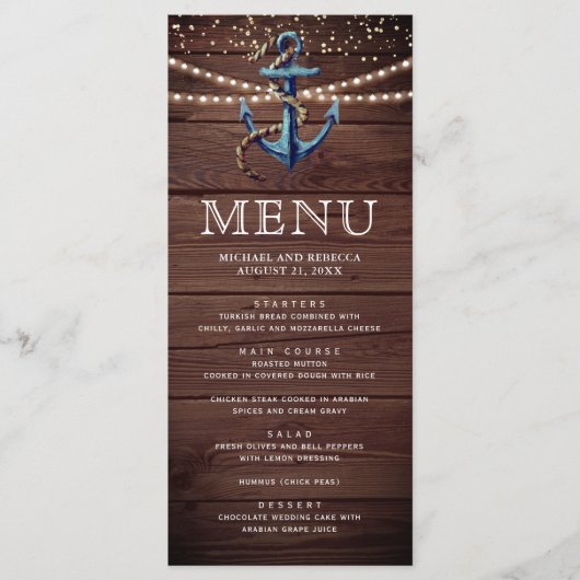 Rustic Wood Navy Blue Anchor Nautical Wedding Menu (Voorkant)