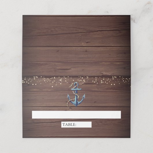 Rustic Wood Navy Blue Anchor Nautical Wedding Plaatskaartje (Buitenkant ongevouwen)