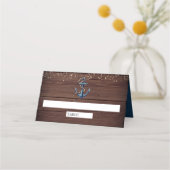 Rustic Wood Navy Blue Anchor Nautical Wedding Plaatskaartje (Voorkant)