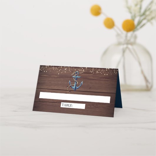 Rustic Wood Navy Blue Anchor Nautical Wedding Plaatskaartje (Voorkant)