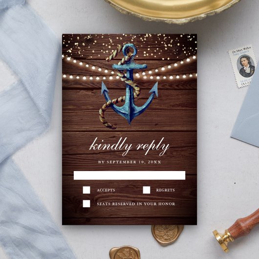 Rustic Wood Navy Blue Anchor Nautical Wedding RSVP Kaartje