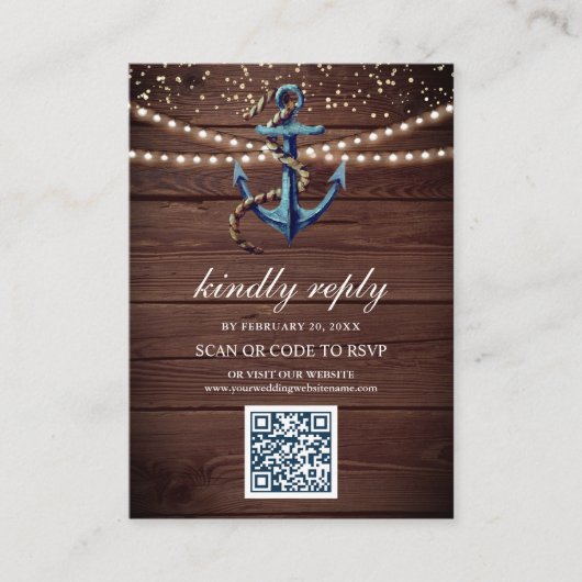 Rustic Wood Navy Blue Anchor QR Code RSVP Weddensc Informatiekaartje (Voorkant)