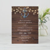 Rustic Wood Navy Blue Anchor QR Code Wedding Kaart (Staand voorkant)