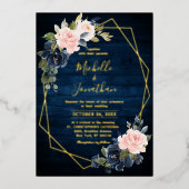 Rustic Wood Navy Blue Blush Pink Geometric Wedding Folie Uitnodiging (Voorkant)