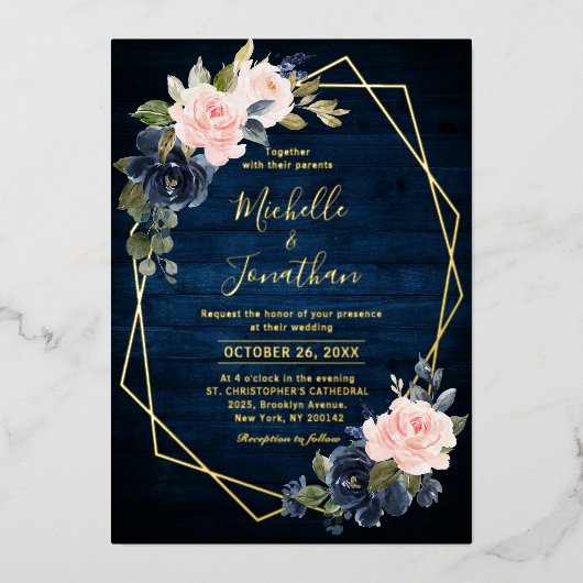 Rustic Wood Navy Blue Blush Pink Geometric Wedding Folie Uitnodiging (Voorkant)