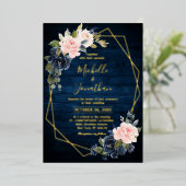 Rustic Wood Navy Blue Blush Pink Geometric Wedding Folie Uitnodiging (Staand Voorkant)