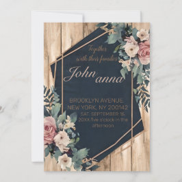 Rustic Wood Navy Blue Blush Pink Geometric Wedding Kaart