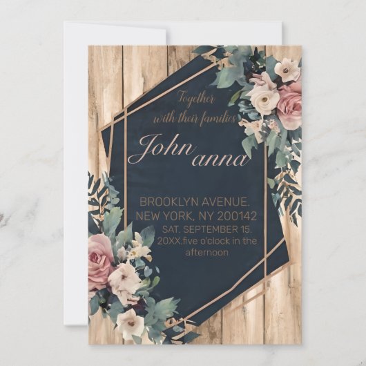 Rustic Wood Navy Blue Blush Pink Geometric Wedding Kaart (Voorkant)
