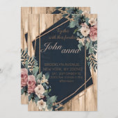 Rustic Wood Navy Blue Blush Pink Geometric Wedding Kaart (Voorkant / Achterkant)