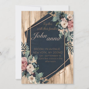 Rustic Wood Navy Blue Blush Pink Geometric Wedding Kaart