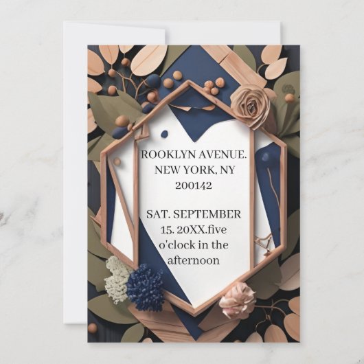 Rustic Wood Navy Blue Blush Pink Geometric Wedding Kaart (Achterkant)