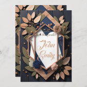 Rustic Wood Navy Blue Blush Pink Geometric Wedding Kaart (Voorkant / Achterkant)