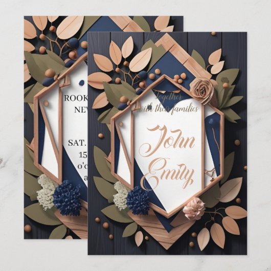 Rustic Wood Navy Blue Blush Pink Geometric Wedding Kaart (Voorkant / Achterkant)