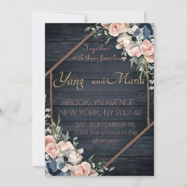 Rustic Wood Navy Blue Blush Pink Geometric Wedding Kaart