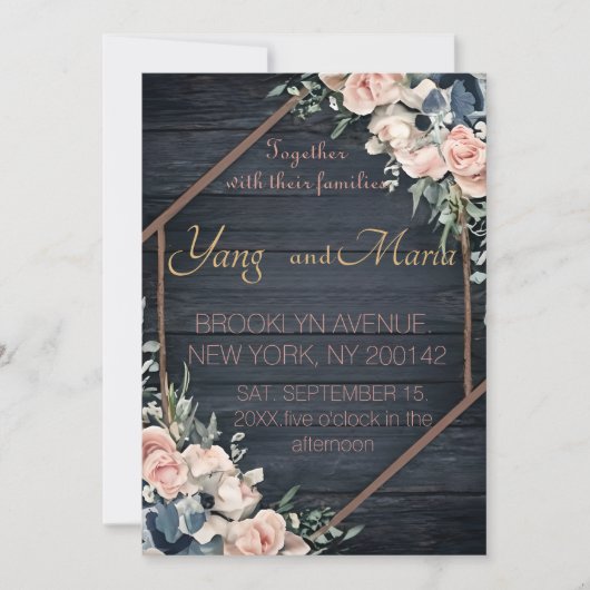 Rustic Wood Navy Blue Blush Pink Geometric Wedding Kaart (Voorkant)