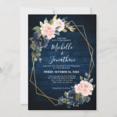 Rustic Wood Navy Blue Blush Pink Geometric Wedding Kaart (Voorkant)