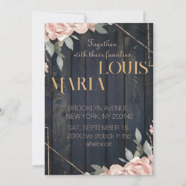 Rustic Wood Navy Blue Blush Pink Geometric Wedding Kaart