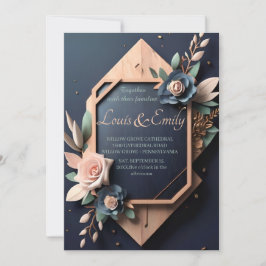 Rustic Wood Navy Blue Blush Pink Geometric Wedding Kaart