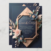 Rustic Wood Navy Blue Blush Pink Geometric Wedding Kaart (Voorkant / Achterkant)