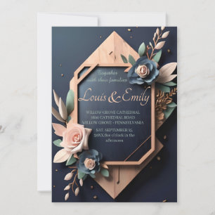 Rustic Wood Navy Blue Blush Pink Geometric Wedding Kaart