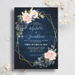 Rustic Wood Navy Blue Blush Pink Geometric Wedding Kaart<br><div class="desc">Donkerblauw,  florvormige geometrische bruiloft Uitnodiging met elegante bouquet van blauw marinesurft,  koningsblauw,  wit,  zwart roos en groene eucalyptusbladeren en elegant glitter geometrisch neutraal lijst. Neem contact met mij op voor hulp bij aanpassingen of als u een ander product nodig hebt met dit ontwerp.</div>