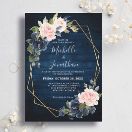 Rustic Wood Navy Blue Blush Pink Geometric Wedding Kaart