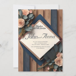Rustic Wood Navy Blue Blush Pink Geometric Wedding Kaart