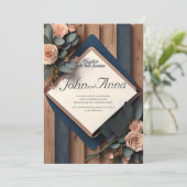 Rustic Wood Navy Blue Blush Pink Geometric Wedding Kaart (Staand voorkant)