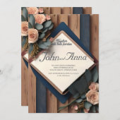 Rustic Wood Navy Blue Blush Pink Geometric Wedding Kaart (Voorkant / Achterkant)