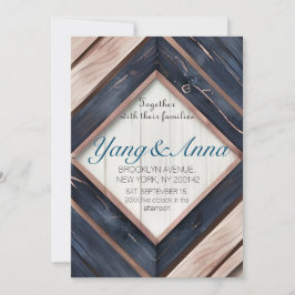 Rustic Wood Navy Blue Blush Pink Geometric Wedding Kaart