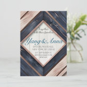 Rustic Wood Navy Blue Blush Pink Geometric Wedding Kaart (Staand voorkant)