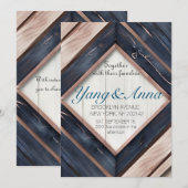 Rustic Wood Navy Blue Blush Pink Geometric Wedding Kaart (Voorkant / Achterkant)