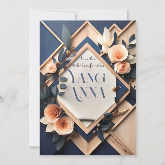 Rustic Wood Navy Blue Blush Pink Geometric Wedding Kaart (Voorkant)