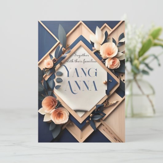 Rustic Wood Navy Blue Blush Pink Geometric Wedding Kaart (Staand voorkant)