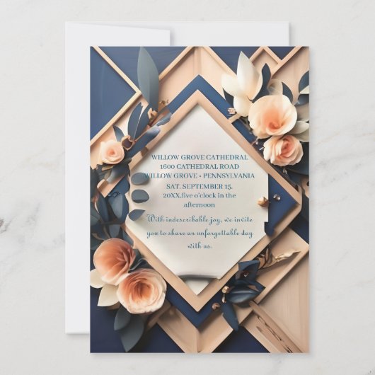 Rustic Wood Navy Blue Blush Pink Geometric Wedding Kaart (Achterkant)