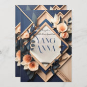 Rustic Wood Navy Blue Blush Pink Geometric Wedding Kaart (Voorkant / Achterkant)