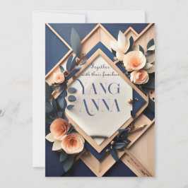 Rustic Wood Navy Blue Blush Pink Geometric Wedding Kaart