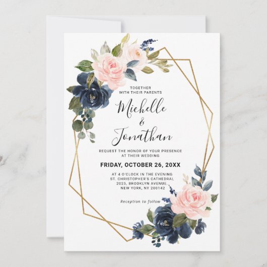 Rustic Wood Navy Blue Blush Pink Geometric Wedding Kaart (Voorkant)